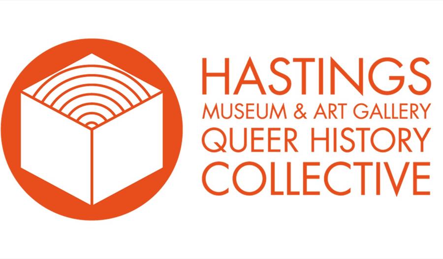 white poster with orange text says Hstings Museum and Art Gallery Queer History Collective