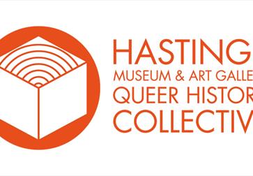 white poster with orange text says Hstings Museum and Art Gallery Queer History Collective