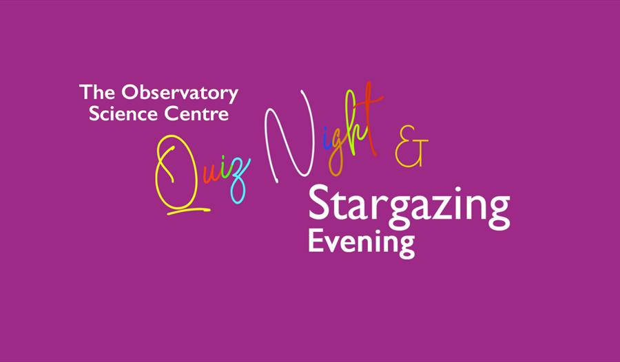 Purple text poster for quiz night and stargazing.