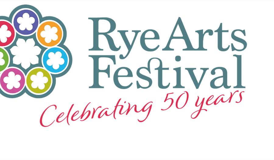 White banner poster for Rye Arts Festival. colourful flower motif and text 'celebrating 50 years'.