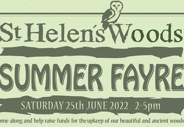 green poster with text saying St Helen's Woods Summer Fayre Saturday 25th June 5 2 til 5pm
