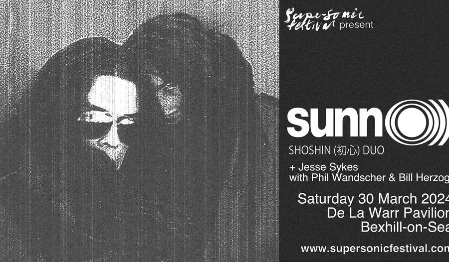 Black and white poster for SunnO)) concert at De La Warr Pavilion Bexhill