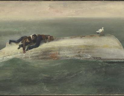 painting by richard eurich titled survivors from a torpedoed ship 1942 shows three men on upturned small boat at sea