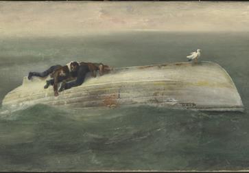 painting by richard eurich titled survivors from a torpedoed ship 1942 shows three men on upturned small boat at sea