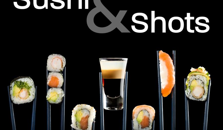 Poster for sushi and shots.