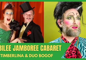 poster showing three cabaret performers in formal dress and bright coloured make up, text says jubilee jamboree cabaret