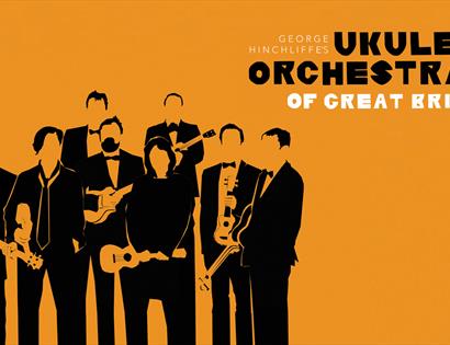 Poster for the Ukulele Orchestra of Great Britain. A plain orange background with black silhouette ukulele musicians.