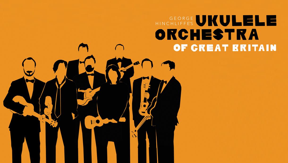 Poster for the Ukulele Orchestra of Great Britain. A plain orange background with black silhouette ukulele musicians.