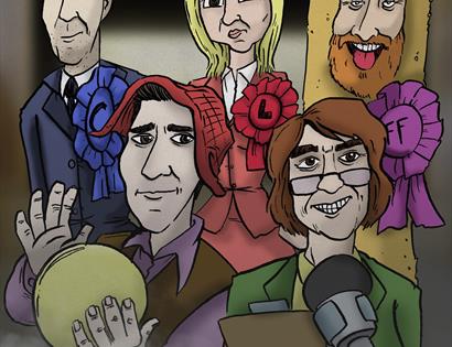 group of cartoon people in front of a microphone