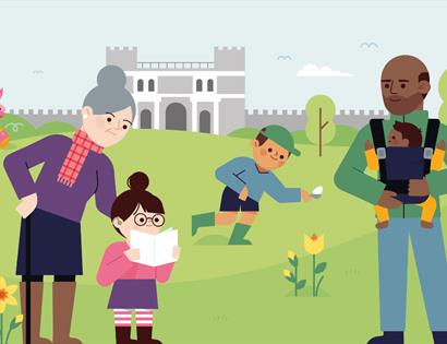 English Heritage graphic of family egg hunting at a castle