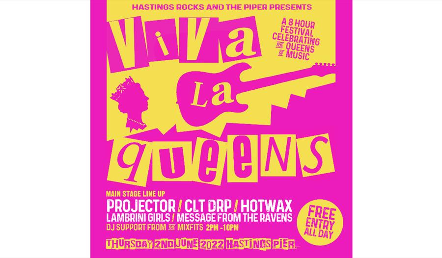 pink and yellow punk style poster with cut out letters reading viva la queens. image shows silhouettes of guitar and queens portrait