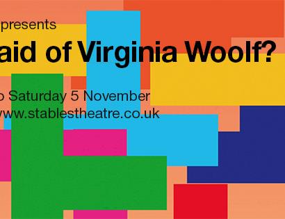 Poster for Who's Afraid of Virginia Woolf. Elongated text poster with same details as written in description. Background shows brightly coloured geome