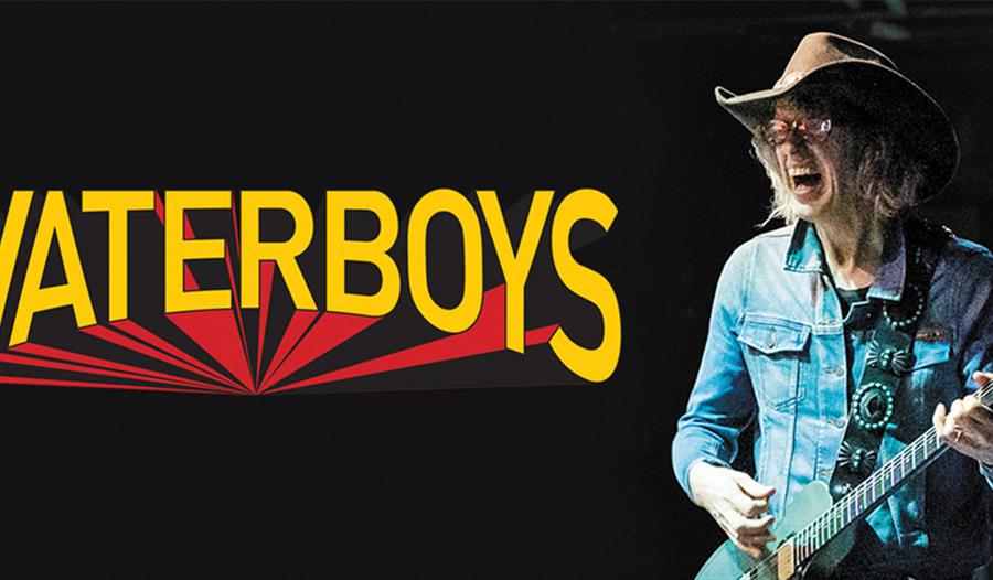 Black poster with large yellow text saying 'waterboys'. To the right is a man in cowboy hat and denim jacket holding a guitar.