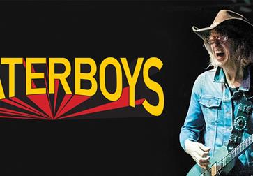 Black poster with large yellow text saying 'waterboys'. To the right is a man in cowboy hat and denim jacket holding a guitar.