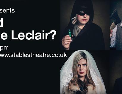 poster with black background. White title says "Who Killed Jean-Marie Leclair? Photographs of characters including a bride in a veil.
