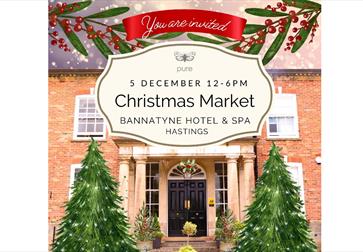 poster for christmas market shows christmas trees outside grand front porch with black painted doors.