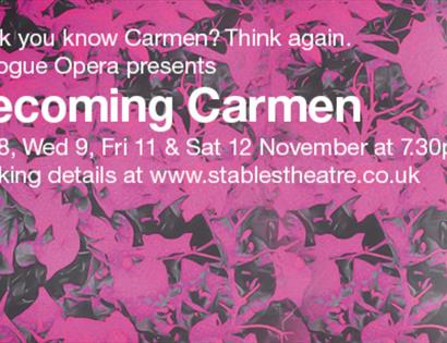 becoming carmen poster. text poster with same text as in description. Background is pink leaves.