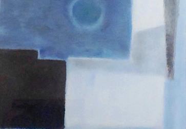 Poster for exhibition. Shows abstract painting with block colours of blues, greys and black.