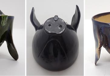 triptych photograph of ceramic pot in shape of a pig