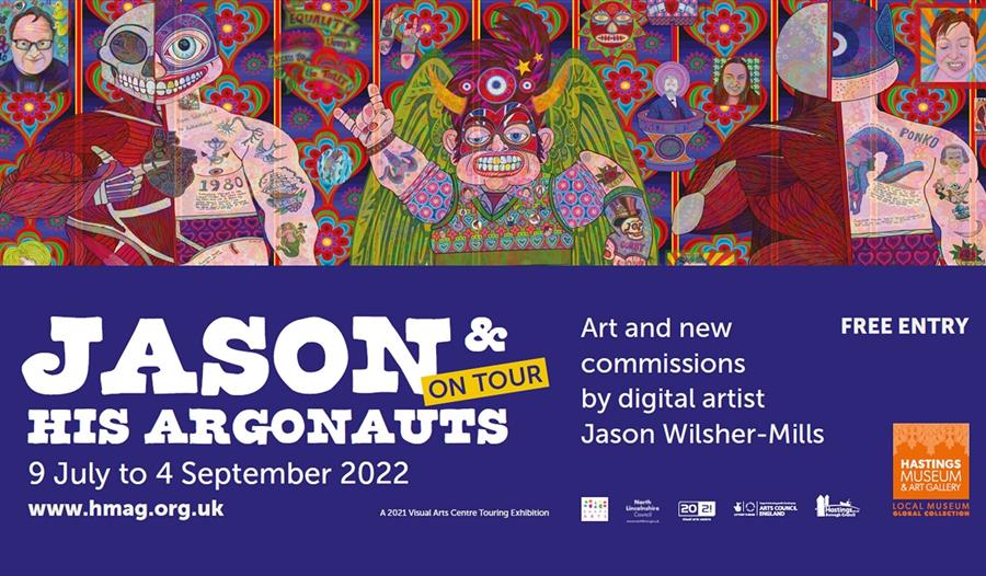 Poster for Jason and his argonauts exhibition with colour illustrations