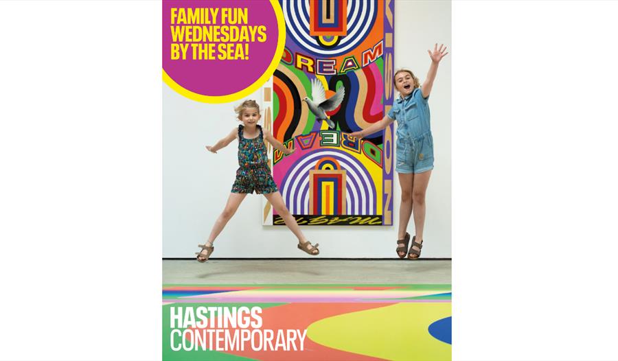 poster for family fun at hastings contemporary shows two girls jumping in exhibition space