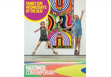 poster for family fun at hastings contemporary shows two girls jumping in exhibition space