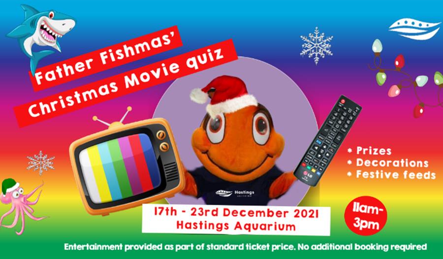 A poster for Hastings Aquarium chirstmas event showing a clown fish costume with santa hat, tv and remote.
