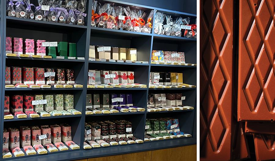 Shelving showing Only Coco chocolates from Rye Chocolates and close up of chocolate bar.