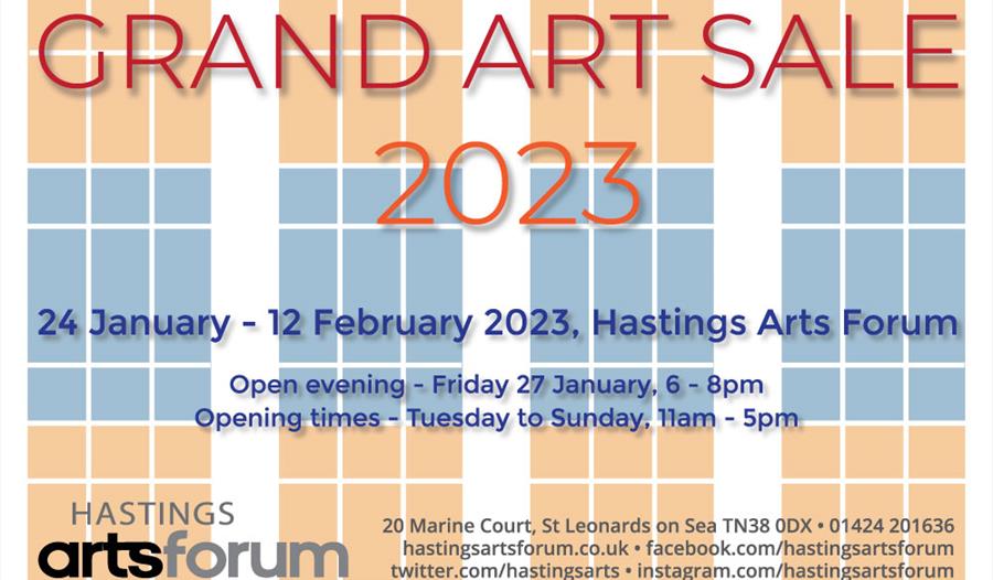 Poster with orange and  blue grid background. At the bottom there is a wavy blue border. Text overlaid reads "grand art sale 2023". The rest of the te