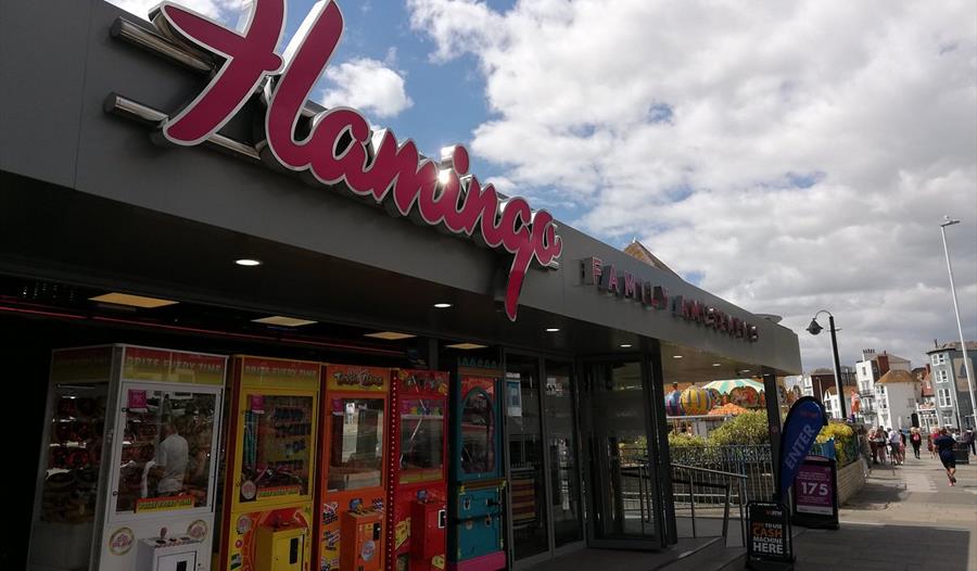 Outside of the Flamingo Amusements Hastings with large pink sign.