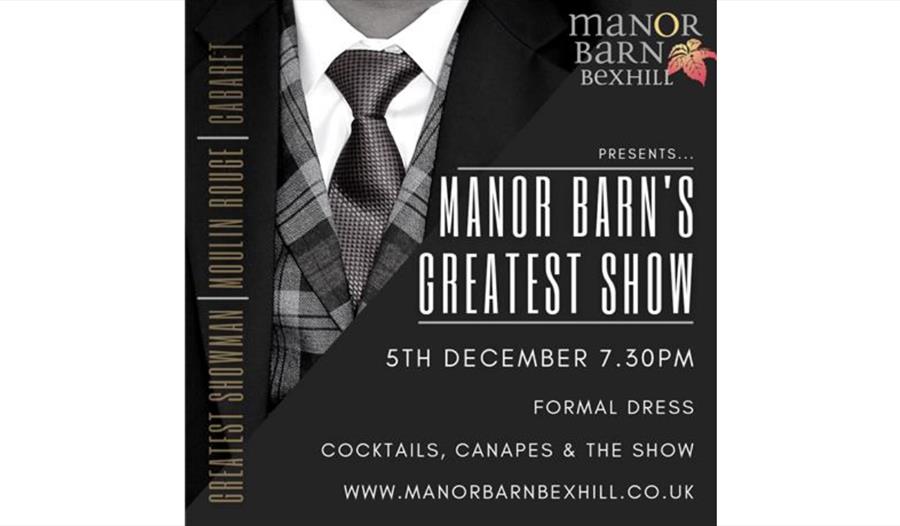 a poster showing a black suit jacket and title. Text reads Manor Barn's Greatest Show.