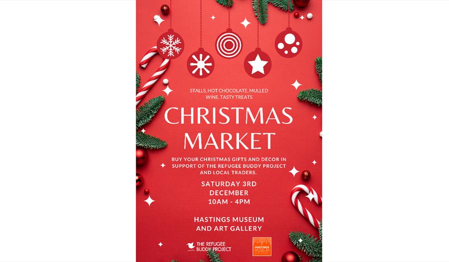 Red poster for Hastings Museum's Christmas Market. Text in description.