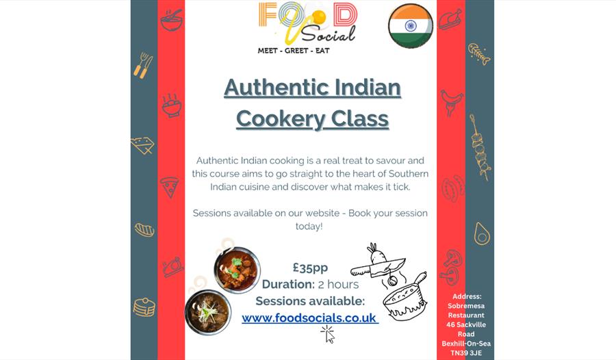 Indian cookery class poster. Mostly text, with a some illustrations of dishes and India flag. T