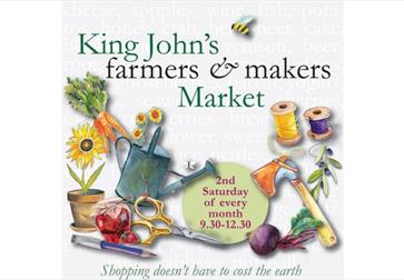 poster showing illustrations of watercan, scissors, flowers and vegetables. text says king john's farmers and makers market.