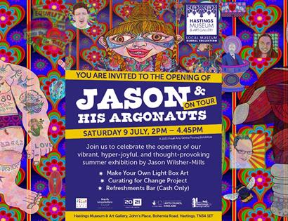 poster for jason and his argonauts exhibition with colour illustrations and text repeated in description.