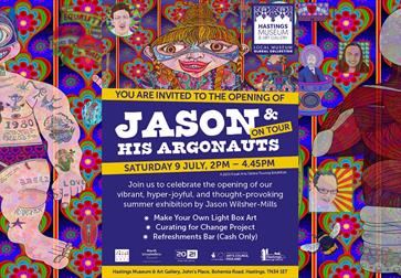 poster for jason and his argonauts exhibition with colour illustrations and text repeated in description.