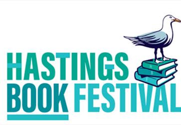 poster for hastings book festival with blue text and illustration of seagull standing on a stack of books.