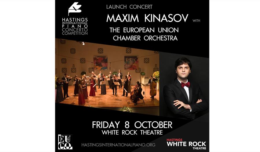 a black square poster for orchestral concert. text reads 'Maxim Kinasov, The European Chamber Orchestra'. Photographs show orchestra standing on a sta