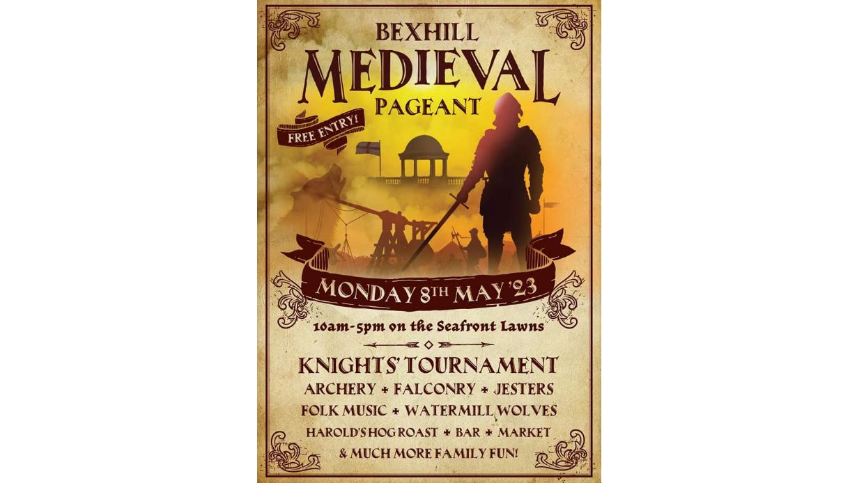Poster for Bexhill Medieval Pageant. Mostly text as included in the main page description. Designed as if on old parchment. There is a reddish silhoue