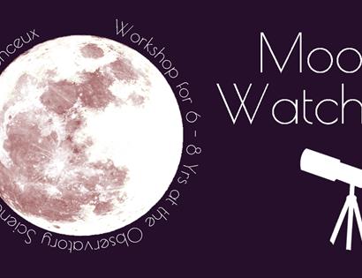 black poster with white moon and silhouette telescope. Text says 'Moon watch'.