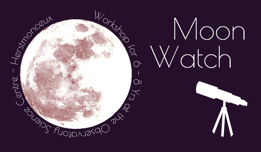 black poster with white moon and silhouette telescope. Text says 'Moon watch'.