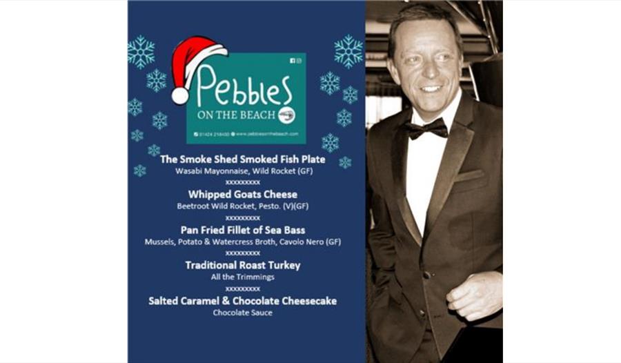A poster for Pebbles on the Beach christmas singalong dining event