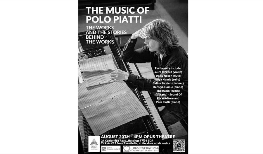 poster for polo piatti event. Shows photograph wiht white man with shoulder length hair sitting at piano, reading music sheets on top of piano.