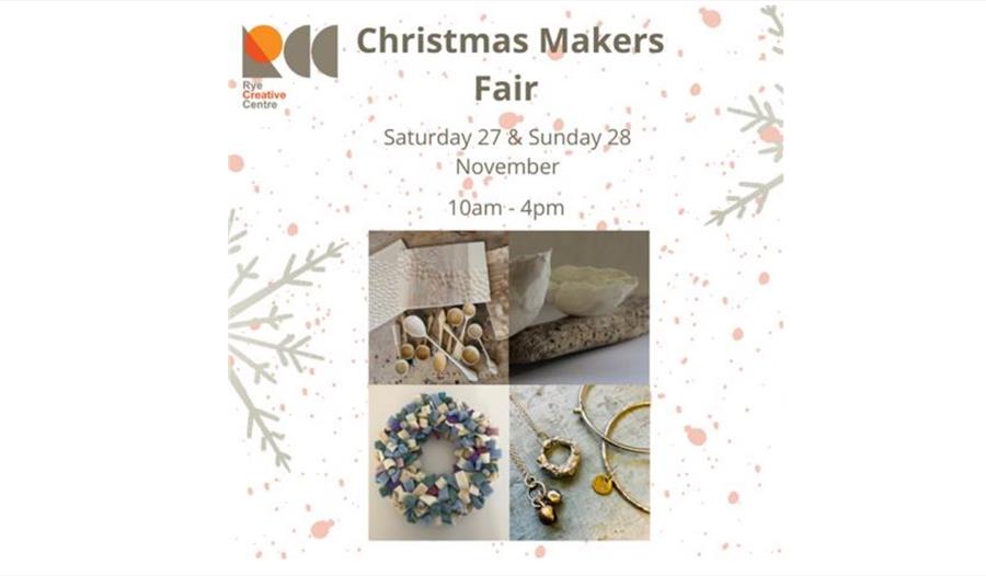 Poster for Christmas Maker's Fair in Rye, shows four photographs of ceramics, jewellery and a wreath