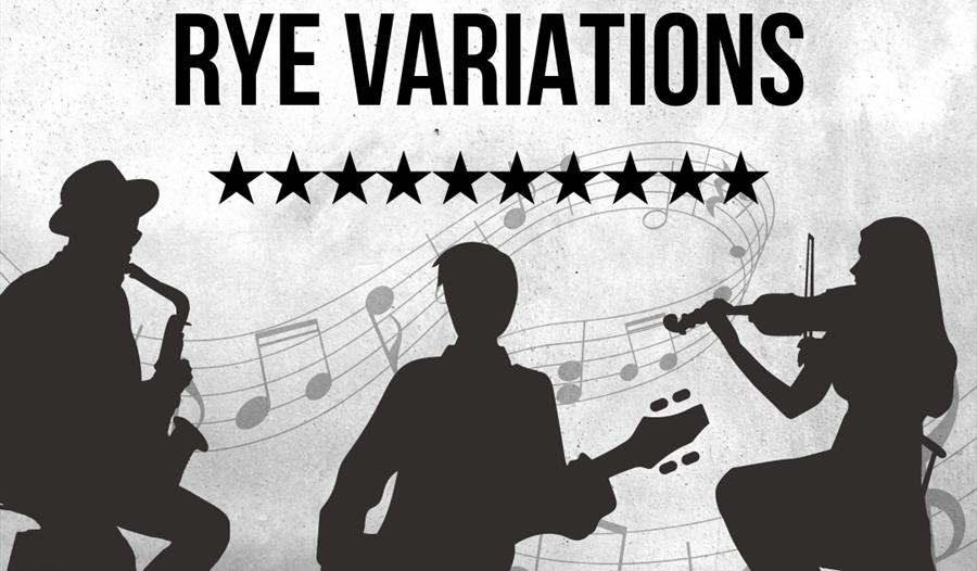 Poster for Rye Variations event at Brewery Yard Club rye. Shows musicians in silhouette.