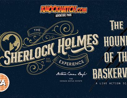 poster for with sherlock holmes in cursive writing against blue background.