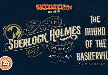 poster for with sherlock holmes in cursive writing against blue background.