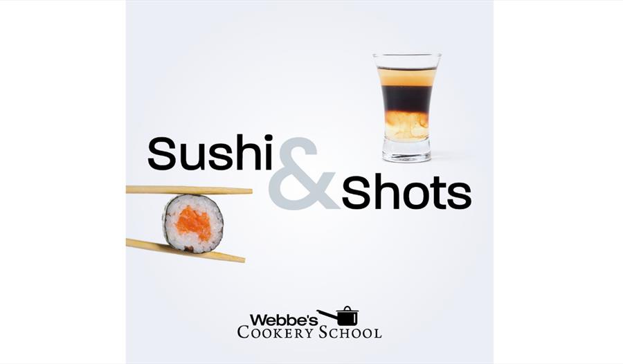 white poster for sushi and shots. Shows sushi roll held in chopsticks and a layered shot.