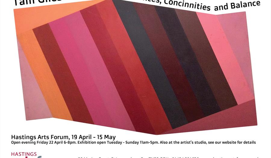 poster for tam giles exhibition with stripes in shades red, pink, orange and brown