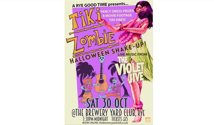 A yellow and pink poster for a tiki halloween night with an illustration of a hula girl.